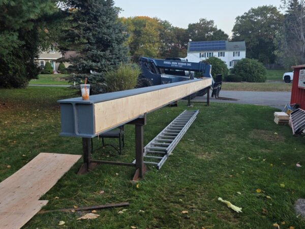 Steel beam staged on site for the Westford home addition Steel beam staged on site for the Westford home addition